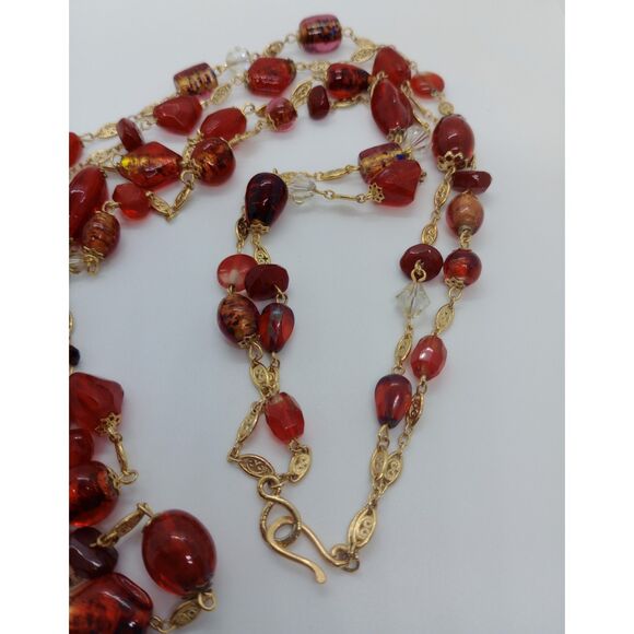 Vtg. 2 Strand Filigree Link Red Orange Murano Style Glass Gold Tone 32" Necklace - Picture 3 of 5
